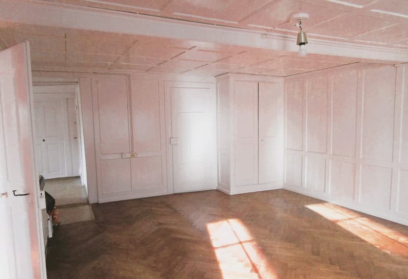 large room, pink ceiling and walls, wooden floor, doors, natural light from windows