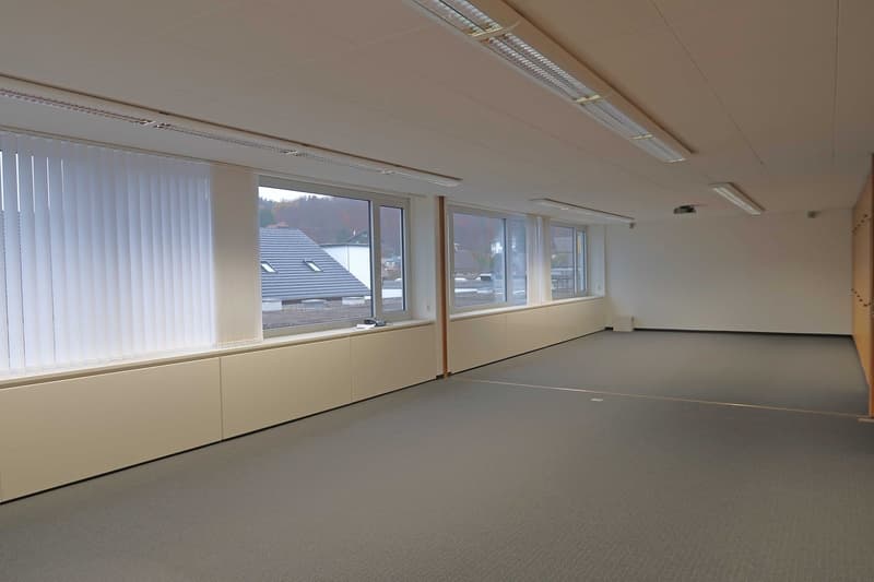 An empty room with neutral colors, featuring tall windows with blinds, a ceiling with overhead lights, and carpeting.