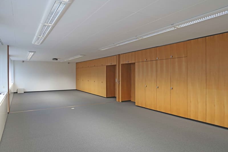 Empty room with grey flooring, white walls, ceiling with linear lights, wooden cupboards.