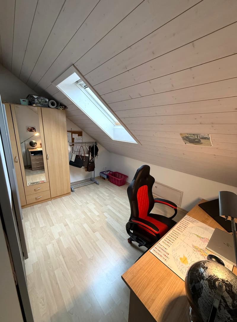 desk, computer, chair, cabinet, mirror, storage boxes, books, picture, lamps, map, globe, office chairs