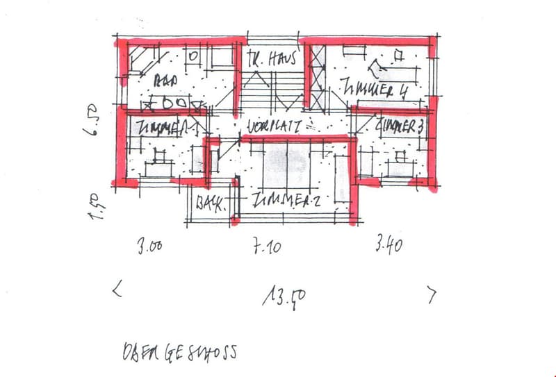 Skizze einer unverbindlichen Projekt-Idee für ein Einfamilienhaus: Obergeschoss mit 4 Schlafzimmern+Bad