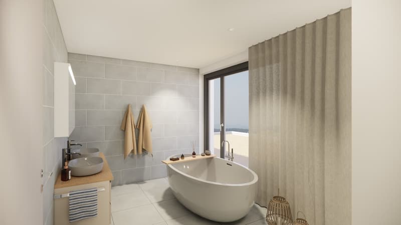 A modern bathroom with white tub, white walls, tiled floor, grey tiles on the wall, large window, sink, and towel rack with towels.