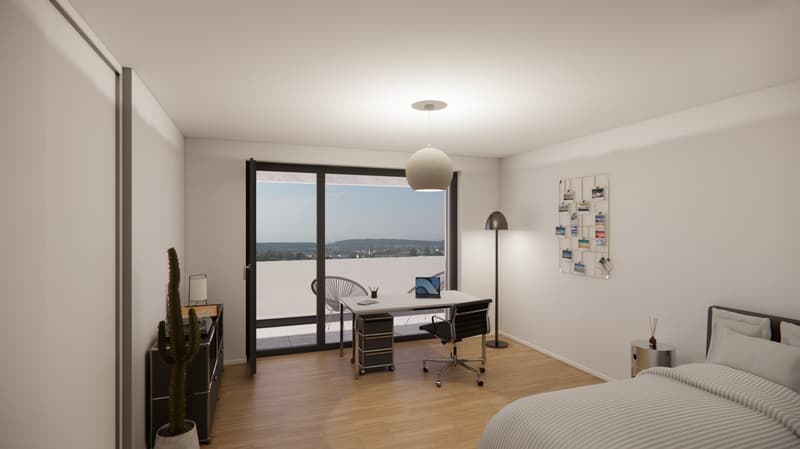 minimalist design with wooden floor, white walls, glass doors to balcony, desk, chair, cactus plant