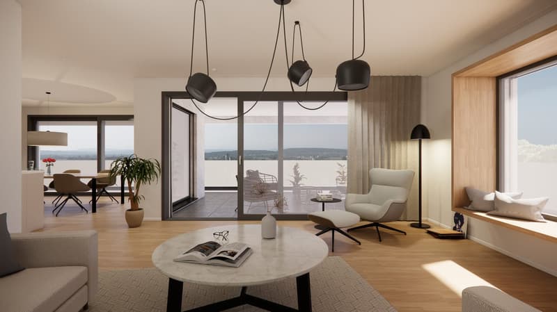 modern furniture, hanging lamps, table with magazines, chair, balcony, glass door