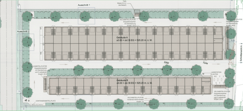 The image shows a floor plan with two buildings, labeled as Building A and Building B. Each building has multiple units or apartments. The plan also includes parking spaces, a container storage area, and other outdoor spaces.