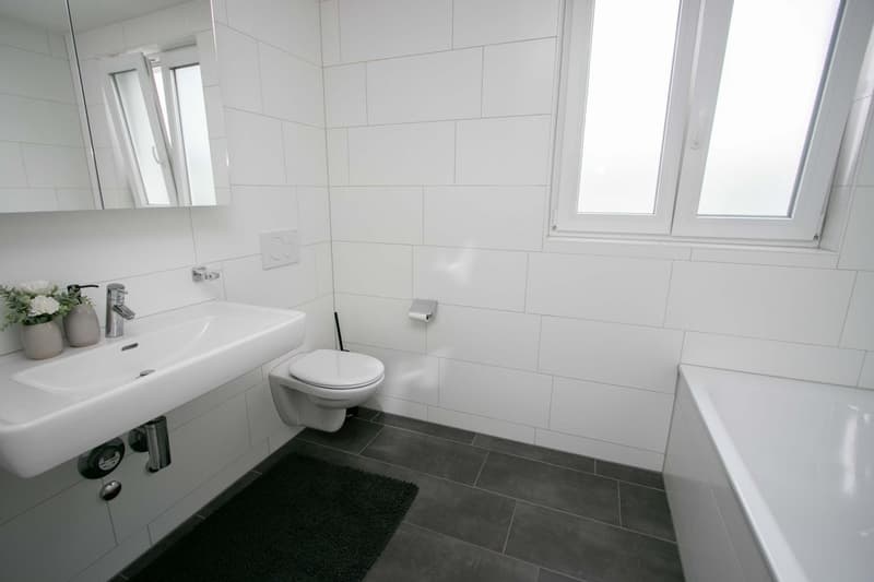 Nasszelle mit Dusche, Badewanne und Toilette