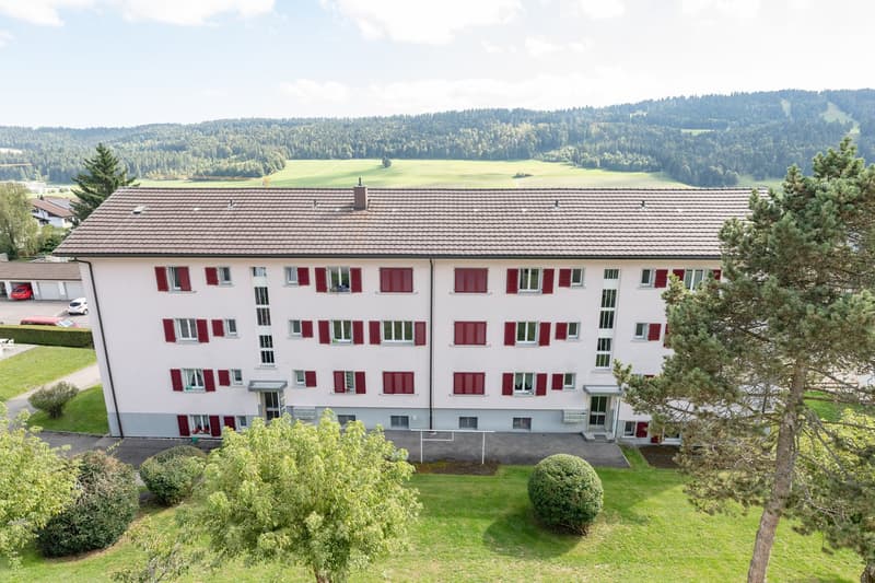 3-story apartment building with red shutters, surrounded by trees and a grassy lawn, with a scenic countryside view in the background