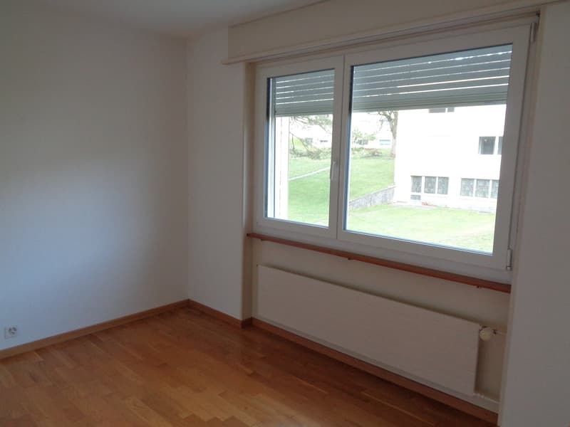 Spacious bedroom with large windows overlooking a grassy outdoor area, hardwood flooring, and neutral-colored walls.