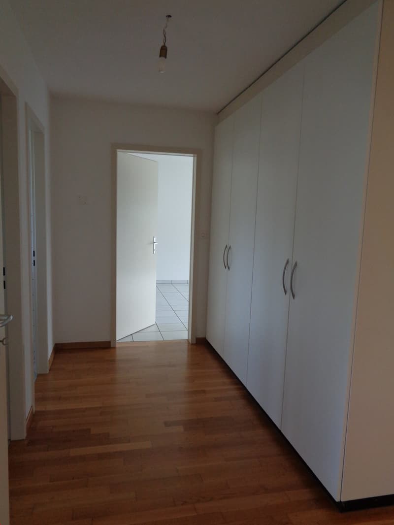 The image shows a hallway with white walls, a wooden floor, and a large built-in wardrobe along one wall. There is a light fixture hanging from the ceiling and a doorway visible at the end of the hallway.