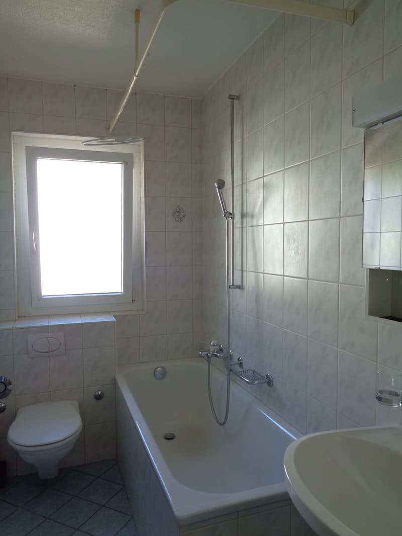 Tiled bathroom with a bathtub, shower, toilet, and a window. The bathroom appears to have a private washing machine.