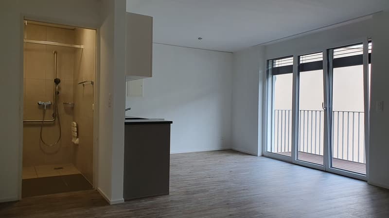 Open-plan studio apartment with large windows, hardwood flooring, and a bathroom with a shower. The apartment has a balcony or terrace accessible through the windows.