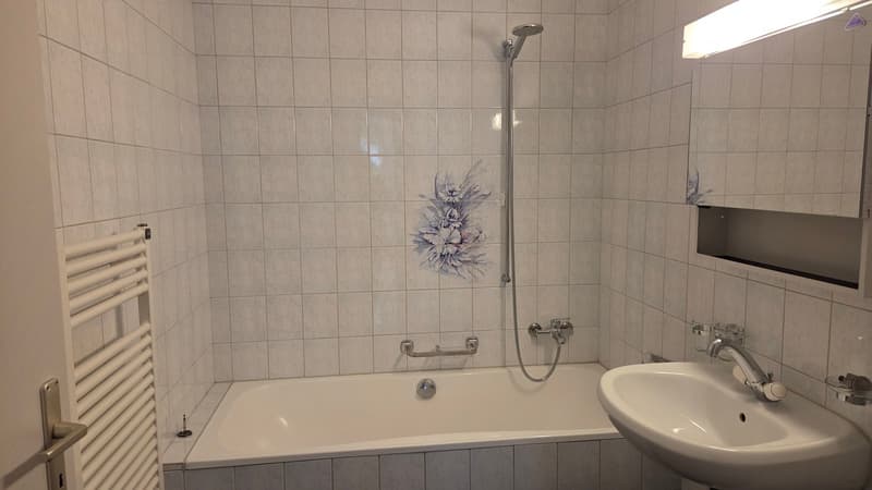 White tile walls, bathtub, shower, sink, silver fixtures, mirror, overhead lighting, towel rack, shower head, and a private washing machine