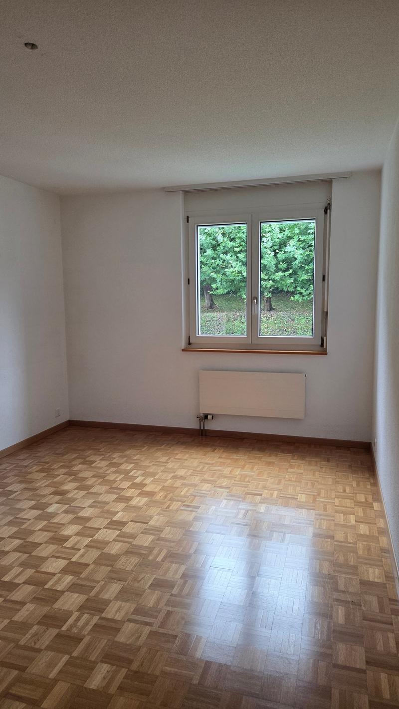 Empty room, white walls, wooden parquet flooring, window with green view, white radiator