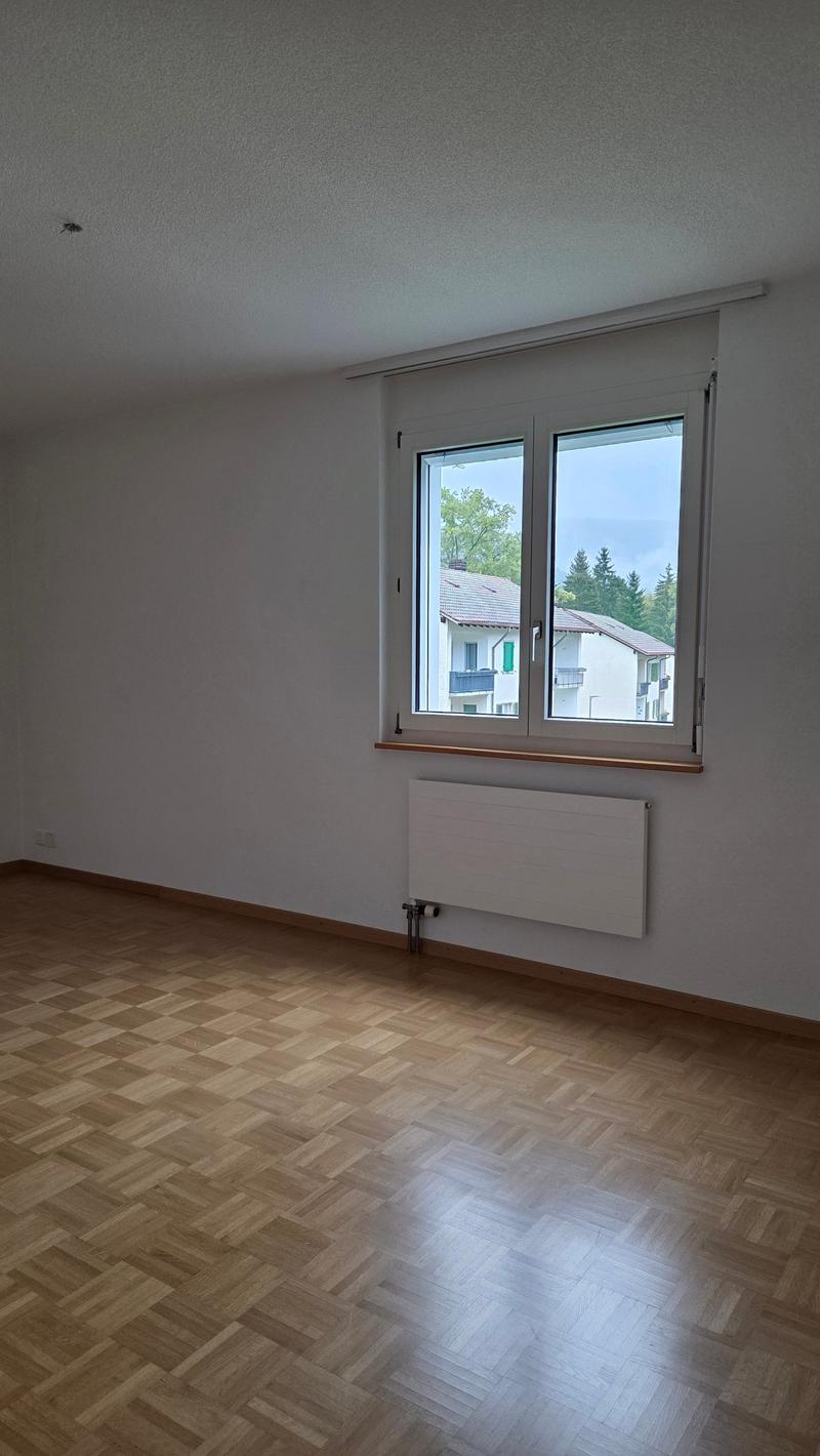 empty room, wooden floor, large window, view