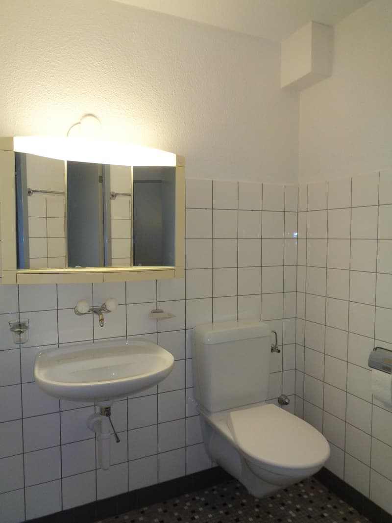 White tiled walls, white sink, white toilet, silver faucet, mirror with light
