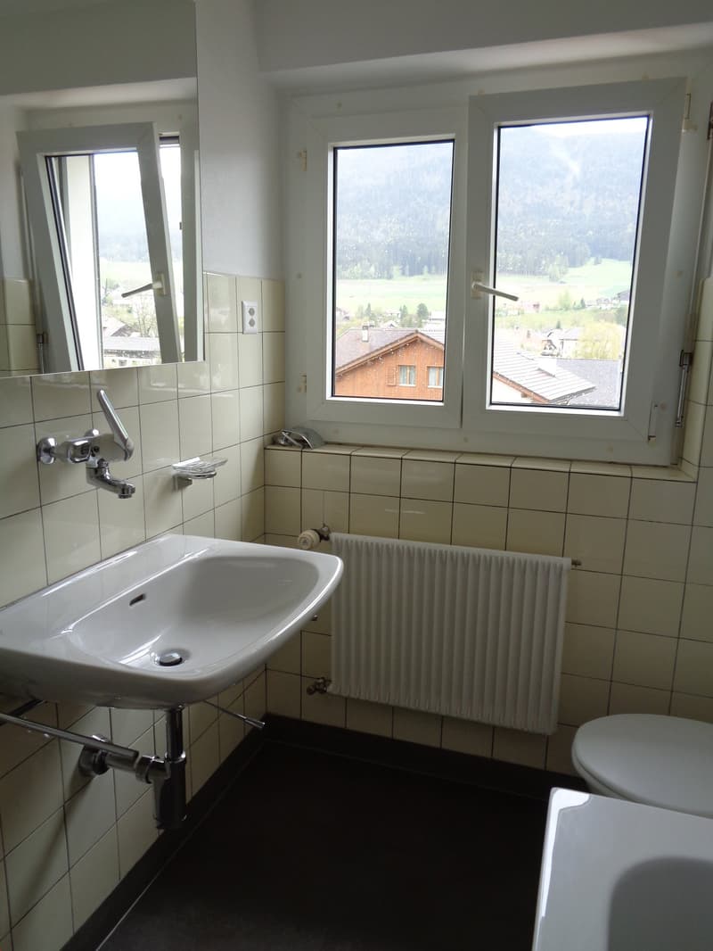 Bathroom with sink, radiator, toilet, windows, mirror.