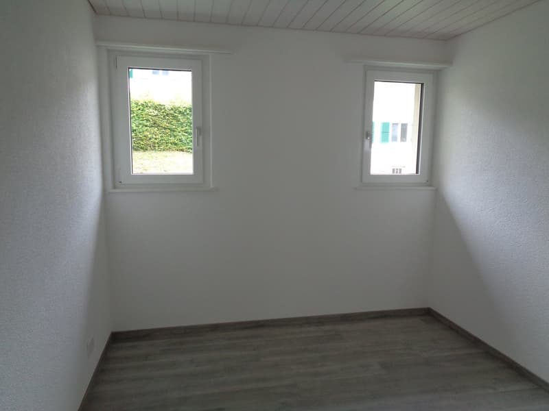 empty room, white walls, wooden floor, two windows