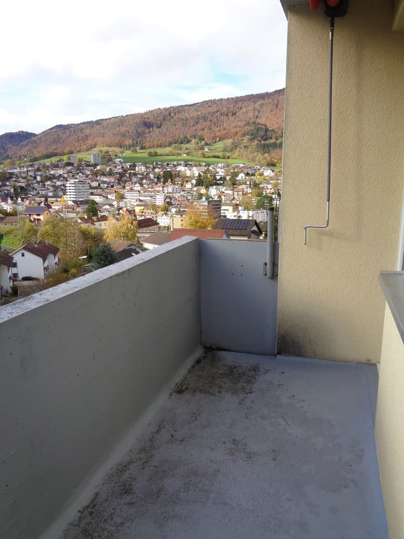 Balcony with concrete floor, concrete wall, metal railing, view of the city