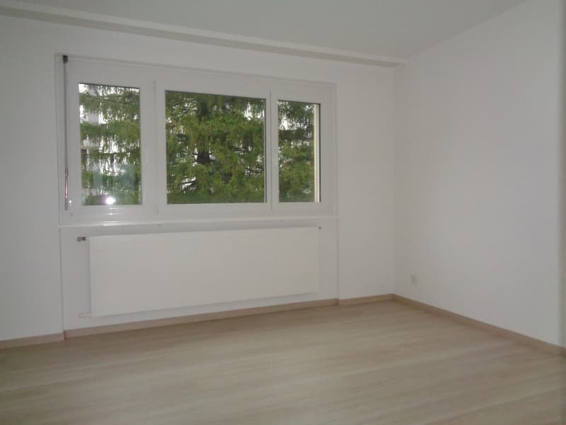empty room, white walls, wooden floor, large window, white radiator