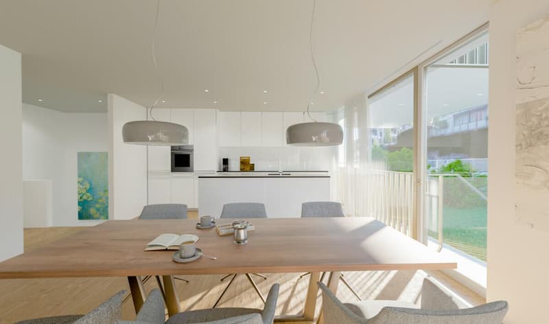 Dining room, wooden dining table, chairs, white walls, open kitchen, large window, balcony, wooden floor