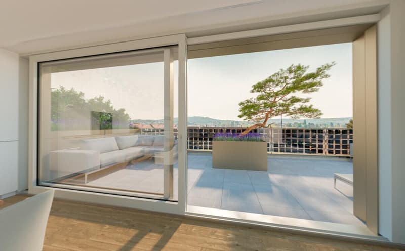 glass door, white couch, wooden floor, balcony, potted plant, view of mountains and trees
