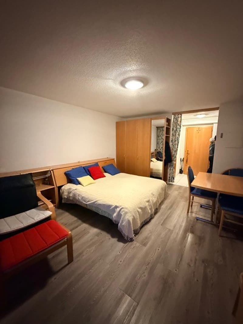 bedroom with bed, pillows, storage cabinet, chairs, table, bedroom closet
