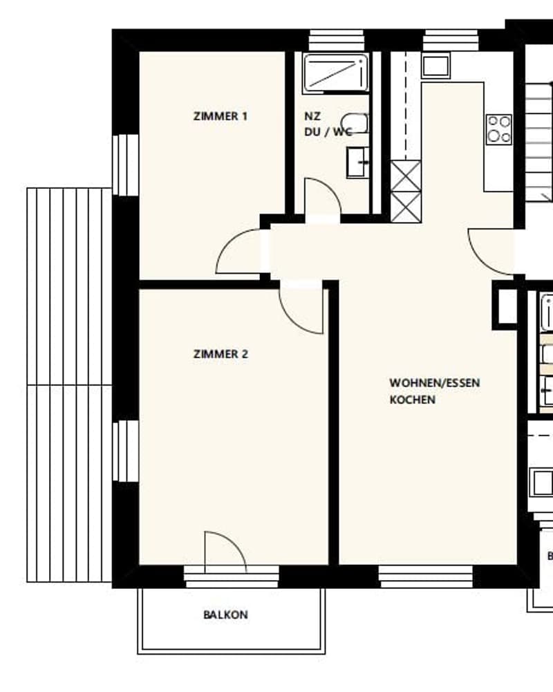 2 bedrooms, living room/kitchen, bathroom