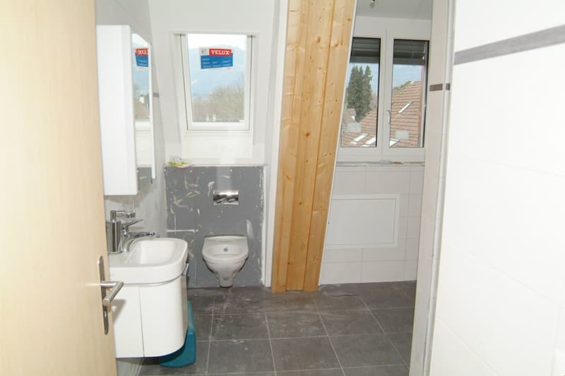 Sink, toilet, mirror, wooden pillar, two windows, grey tiles, silver faucet