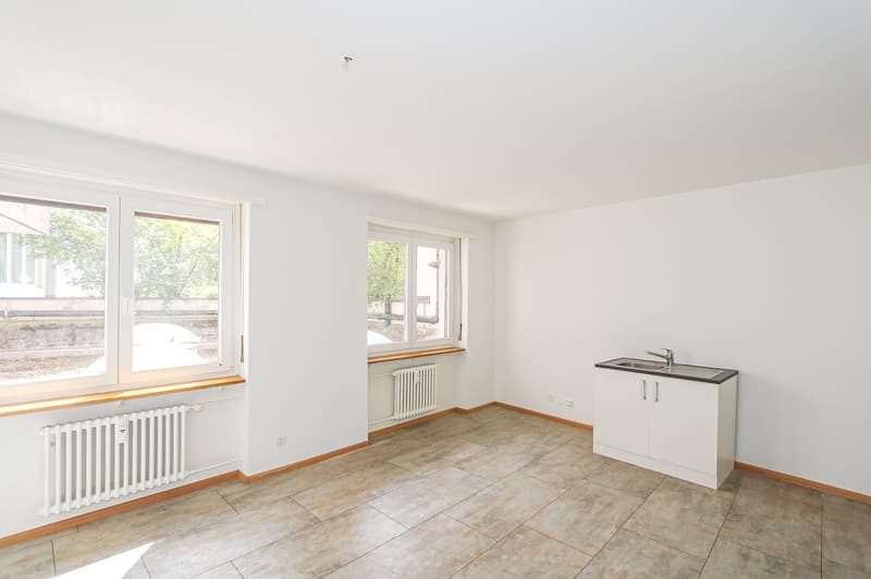 empty room, white walls, wooden floor, double window, radiator, small sink with cabinet