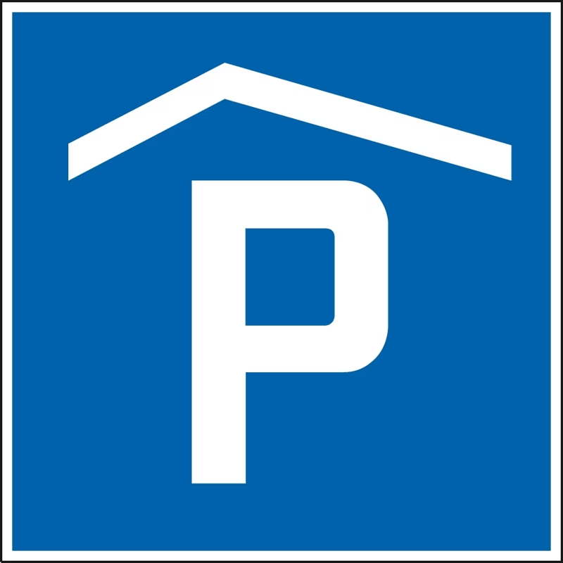 Blue square sign with a white 'P' symbol, indicating a parking area.