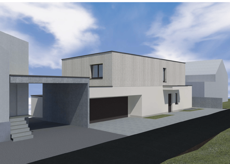 2 story modern house with a flat roof, gray siding, and a garage door on the ground level.