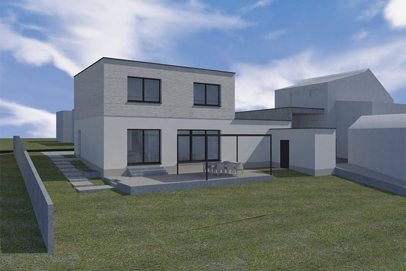 2-story modern house with a flat roof, large windows, and a balcony or terrace on the second floor. The exterior is predominantly white with some gray accents. The house is surrounded by a grassy lawn.