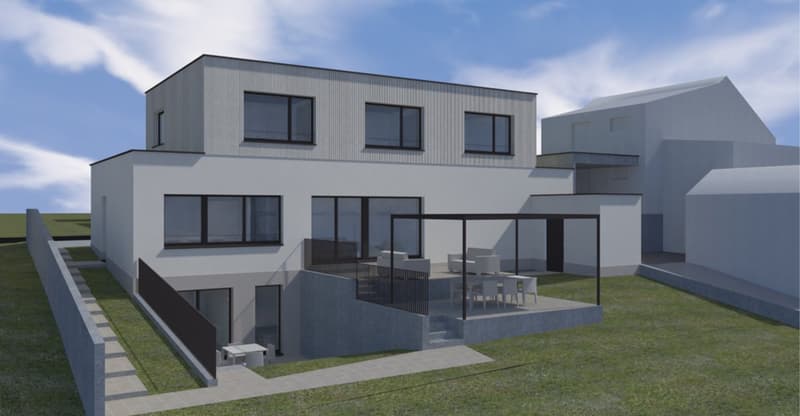 Two-story modern house with a flat roof, gray exterior, large windows, and a balcony or terrace. The house also has a garage attached to the side.