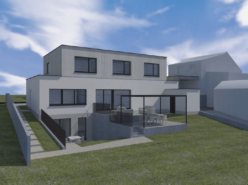 Two-story modern house with a flat roof, gray exterior, large windows, and a balcony. The house also has a garage attached to the side.