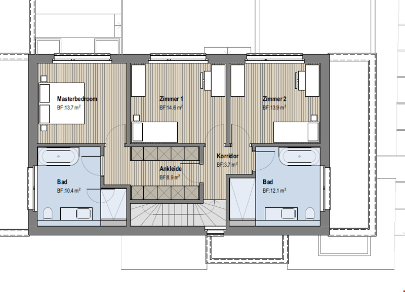 The floor plan shows a 2-bedroom apartment layout. It consists of a master bedroom, two additional bedrooms (Zimmer 1 and Zimmer 2), two bathrooms, a living/dining area (Wohnkuche), and a corridor (Korridor) connecting the rooms. The apartment appears to