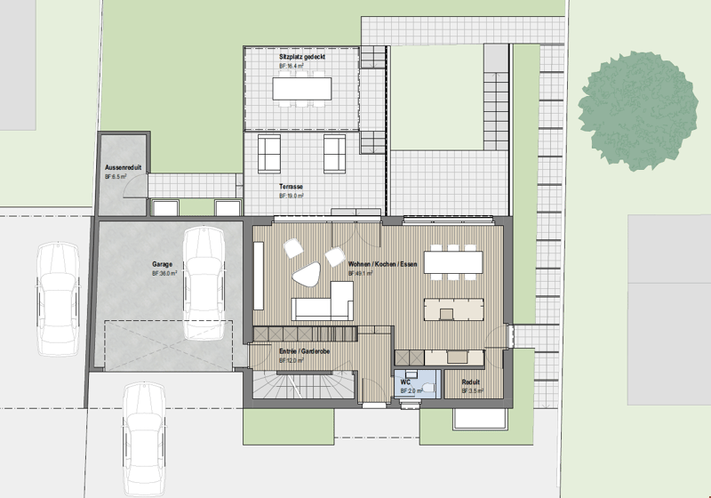 The floor plan shows a two-story building with a garage, a terrace, a living/kitchen/dining area, an entrance/wardrobe, a bathroom, and a reduit (utility room).