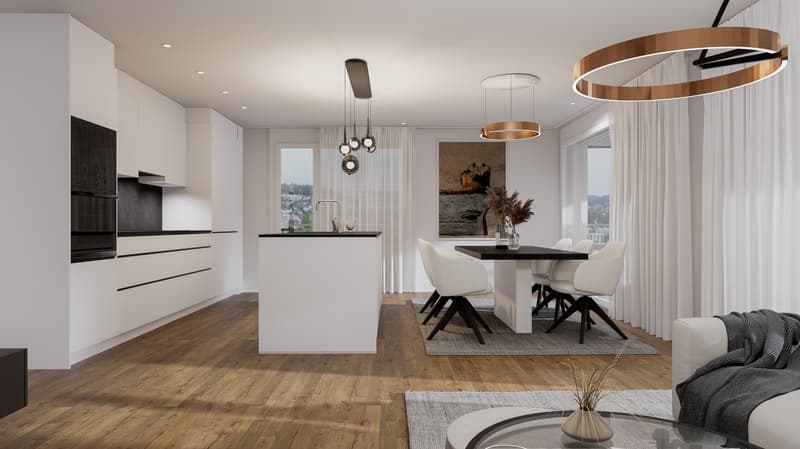 Modern open plan kitchen, living, and dining area, large windows