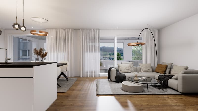 living room, wooden floor, white walls, large windows, glass sliding door, gray curtains, beige sofa, coffee table, floor lamp, white dining table, kitchen island
