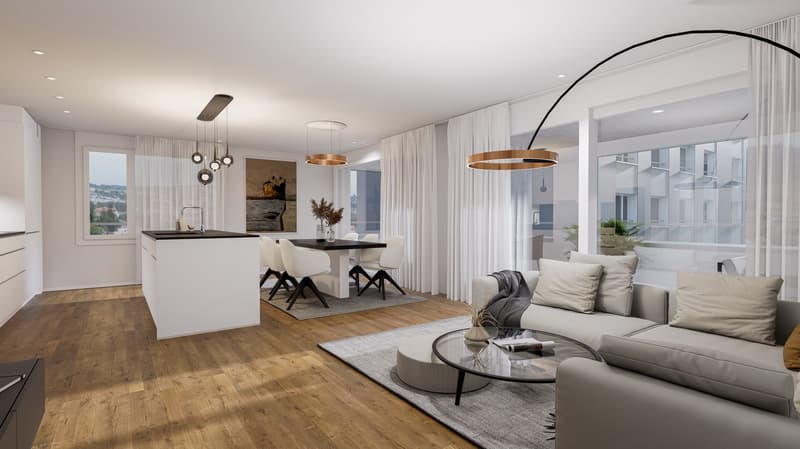 open kitchen, dining table, living room with couch, floor lamps, rug, living room table, large windows