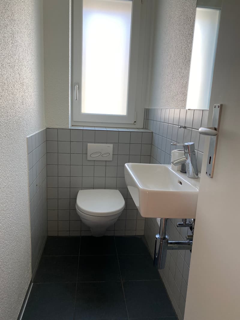 small bathroom with toilet, sink, and window