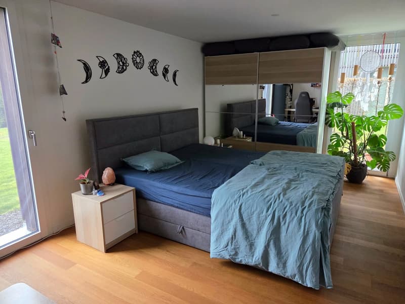 Bedroom with double bed, nightstand, mirror, and potted plant