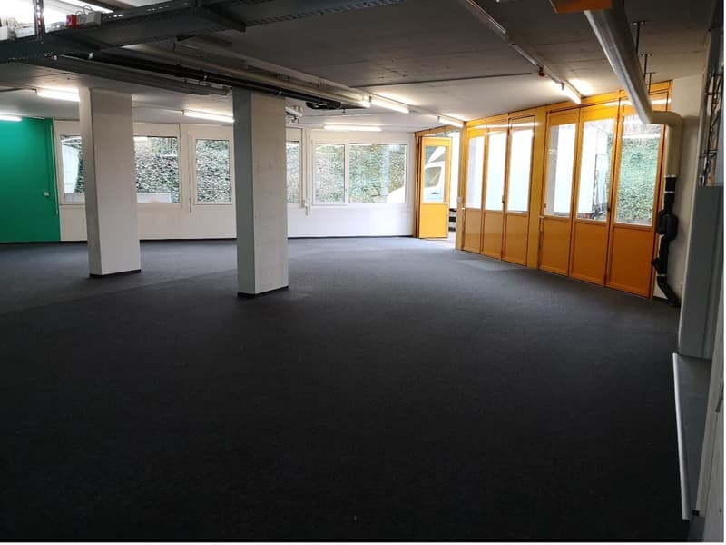 Open and empty space, black floor, white ceiling with fluorescent lights, tall glass windows, open doors