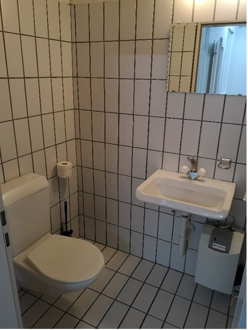 small bathroom, white ceramic tiles, white toilet, white pedestal sink, mirror