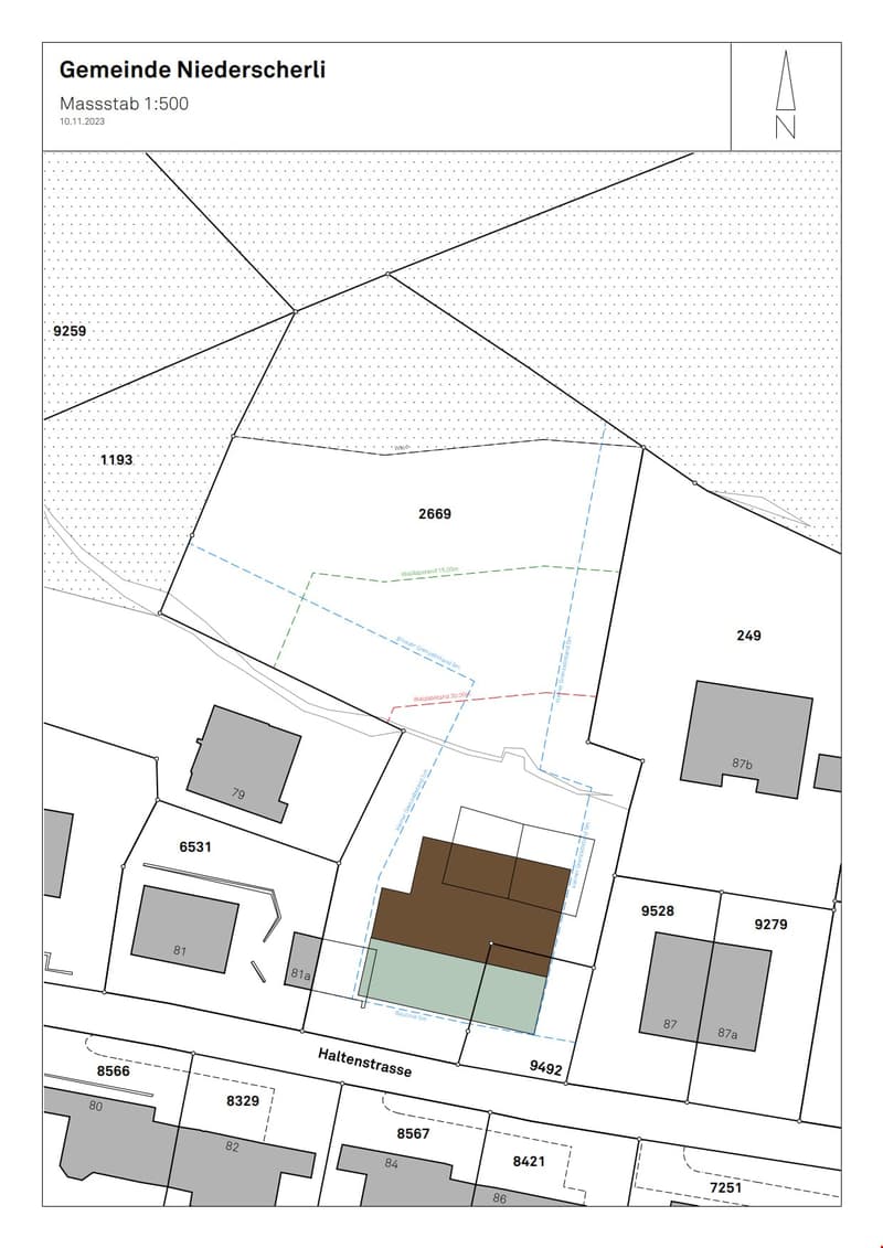 Property plot in Gemeinde Niederscherli, showing boundaries, neighboring plots, and numbered features