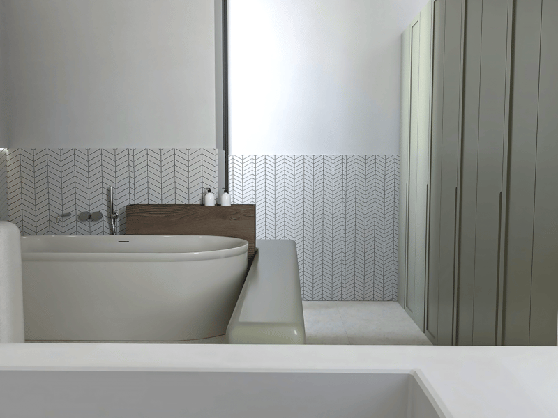 modern bathroom, white bathtub, white sink, white tiles, wooden shelf, white towels, white bottles, white cabinets