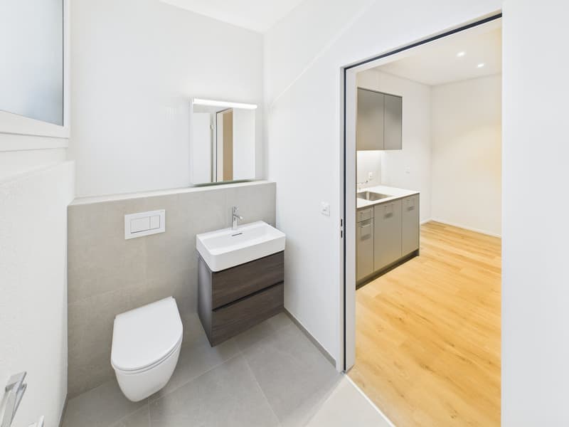 Modern, minimalist bathroom with white walls, grey tiled floor, wooden floored hallway, modern sink and mirror, toilet, modern fixtures