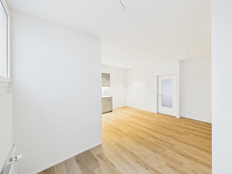 empty room, wooden floor, white walls, window, kitchen area with sink and cabinets