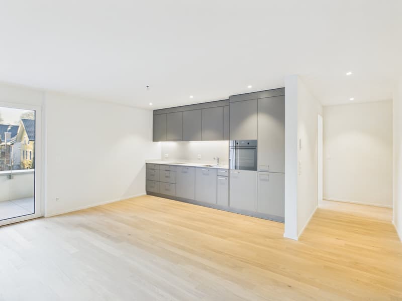 empty kitchen with built-in appliances, light wooden flooring, sliding glass door, white walls, gray cabinetry, kitchen island with sink