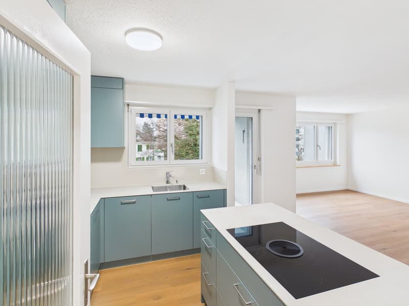 modern kitchen, white countertops, modern cabinets, induction cooktop, stainless steel sink, windows