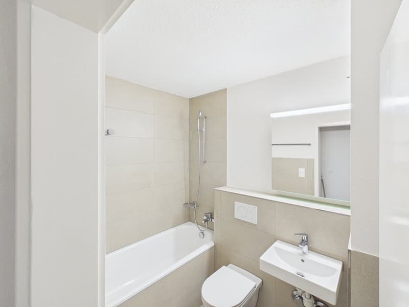 Bathroom with bathtub, toilet, sink, mirror, and shower